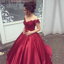 Load image into Gallery viewer, Elegant V Neck Lace Off Shoulder Ball Gowns Satin Dress For Wedding