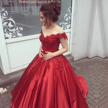 Load image into Gallery viewer, Elegant V Neck Lace Off Shoulder Ball Gowns Satin Dress For Wedding
