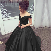 Load image into Gallery viewer, Elegant V Neck Lace Off Shoulder Ball Gowns Satin Dress For Wedding