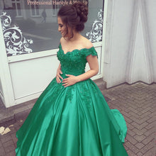 Load image into Gallery viewer, Elegant V Neck Lace Off Shoulder Ball Gowns Satin Dress For Wedding