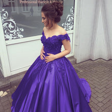 Load image into Gallery viewer, Elegant V Neck Lace Off Shoulder Ball Gowns Satin Dress For Wedding