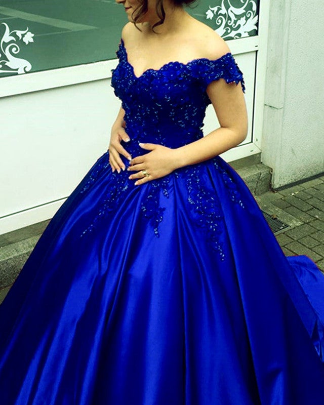 Elegant V Neck Lace Off Shoulder Ball Gowns Satin Dress For
