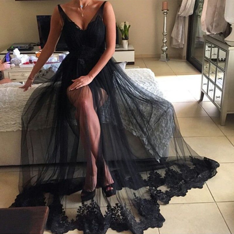 Elegant V Neck Long Black Lace See Through Prom Dresses Elegant V Neck Long Black Lace See Through Prom Dresses