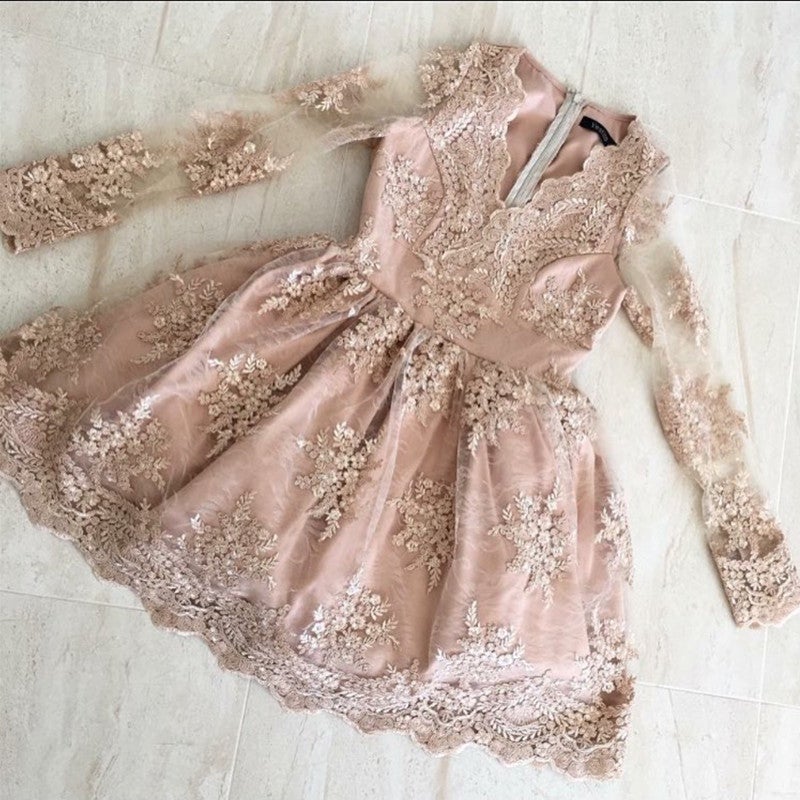 Short V Neck Lace Homecoming Dresses Long Sleeves Prom Gown alinanova Short V Neck Lace Homecoming Dresses Long Sleeves Prom Gown alinanova