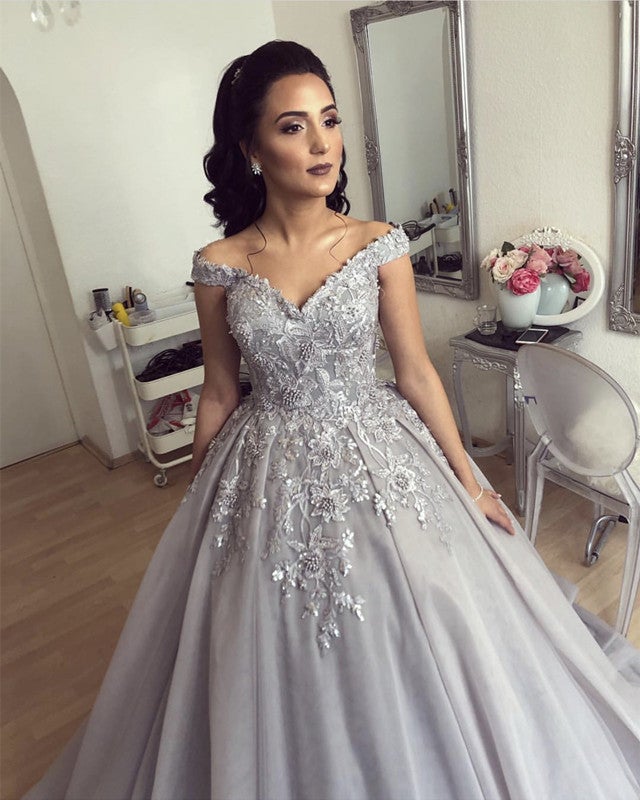 Silver Wedding Dresses Ball Gowns Lace Embroidery Off Shoulder