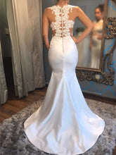 Load image into Gallery viewer, Elegant White Satin Mermaid Wedding Dresses Lace Appliques