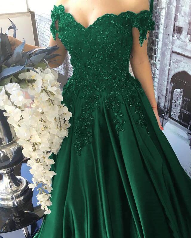 Emerald Green Ball Gown Satin Prom Dresses Lace Flowers Off Shoulder –  alinanova