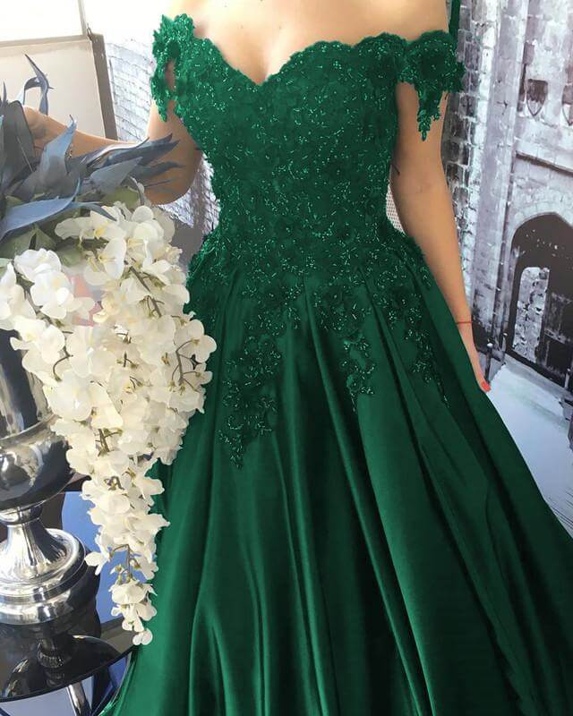 Emerald Green Ball Gown Satin Prom Dresses Lace Flowers Off Shoulder Emerald Green Ball Gown Satin Prom Dresses Lace Flowers Off Shoulder