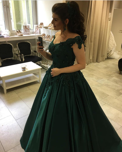Emerald Green Ball Gowns Prom Dresses Lace Off Shoulder-alinanova