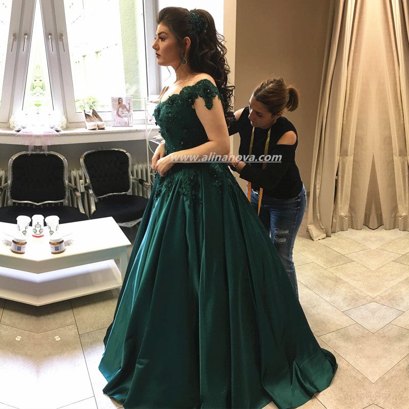 Emerald Green Satin Engagement Dresses Lace Off Shoulder Ball Gown alinanova Emerald Green Satin Engagement Dresses Lace Off Shoulder Ball Gown alinanova