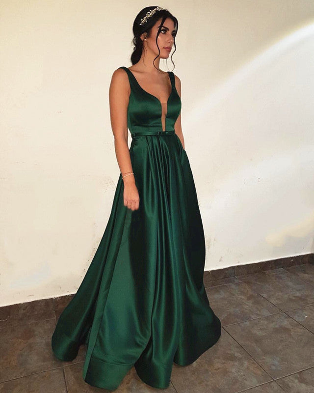 Long Satin V-Neck Prom Dresses Backless Evening Gowns Long Satin V-Neck Prom Dresses Backless Evening Gowns
