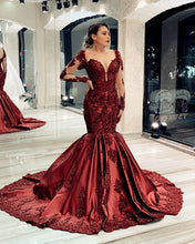 Load image into Gallery viewer, Illusion Neckline Evening Dress Mermaid Lace Long Sleeves