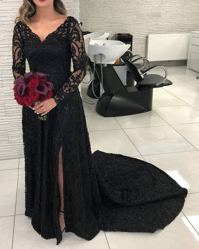Long Sleeves Evening Dress Lace V Neck Leg Slit Long Sleeves Evening Dress Lace V Neck Leg Slit