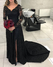 Load image into Gallery viewer, Long Sleeves Evening Dress Lace V Neck Leg Slit-alinanova