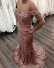 Load image into Gallery viewer, Mermaid Off The Shoulder Evening Dresses Lace Beaded Prom Gowns