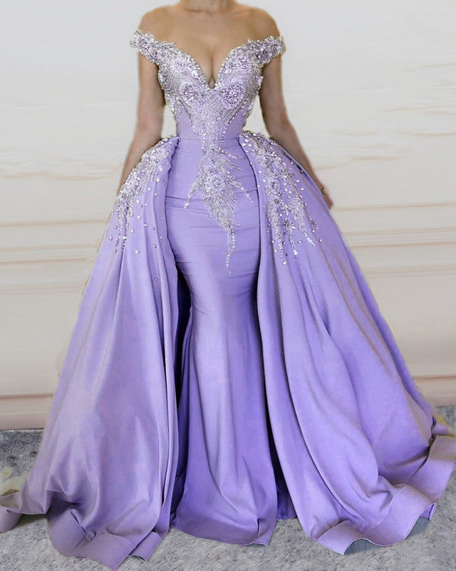 Mermaid Evening Dresses Satin Off The Shoulder Embroidery Beaded Mermaid Evening Dresses Satin Off The Shoulder Embroidery Beaded