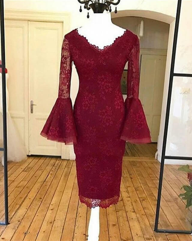 Elegant V Neck Flare Sleeves Lace Cocktail Dresses