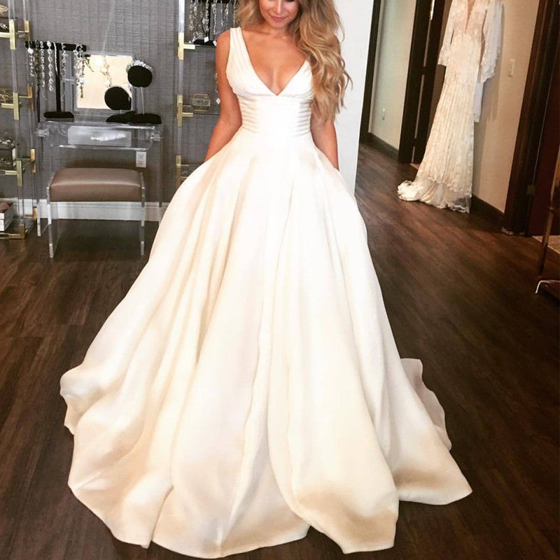 Flawless Satin V Neck Wedding Dresses Ball Gowns