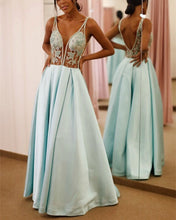 Load image into Gallery viewer, Floor Length Prom Dresses Satin Plunge Neck Lace Embroidery