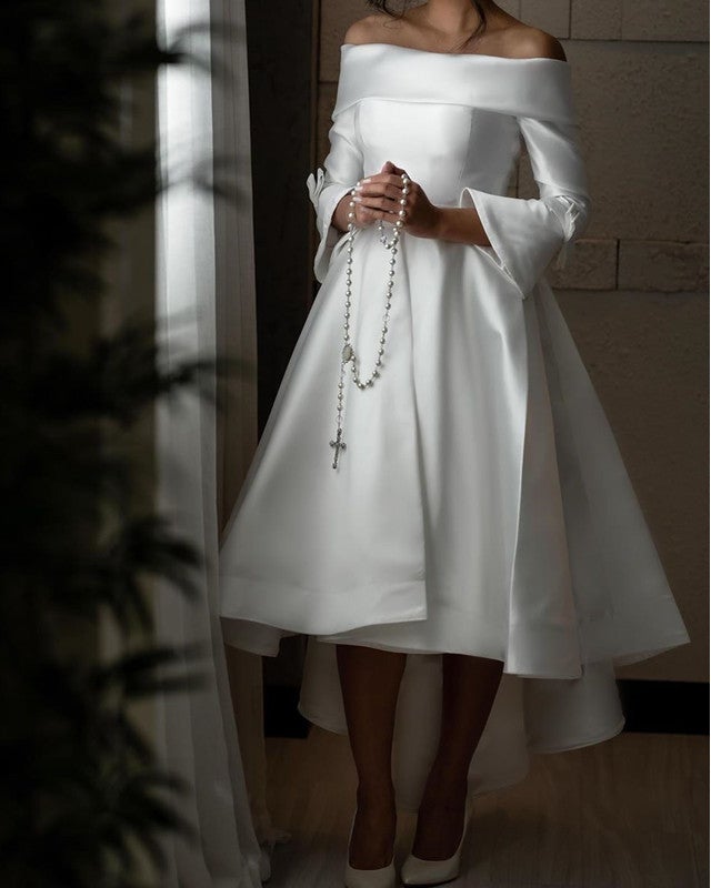 Front Short Long Back Satin Wedding Dress With Sleeves – alinanova