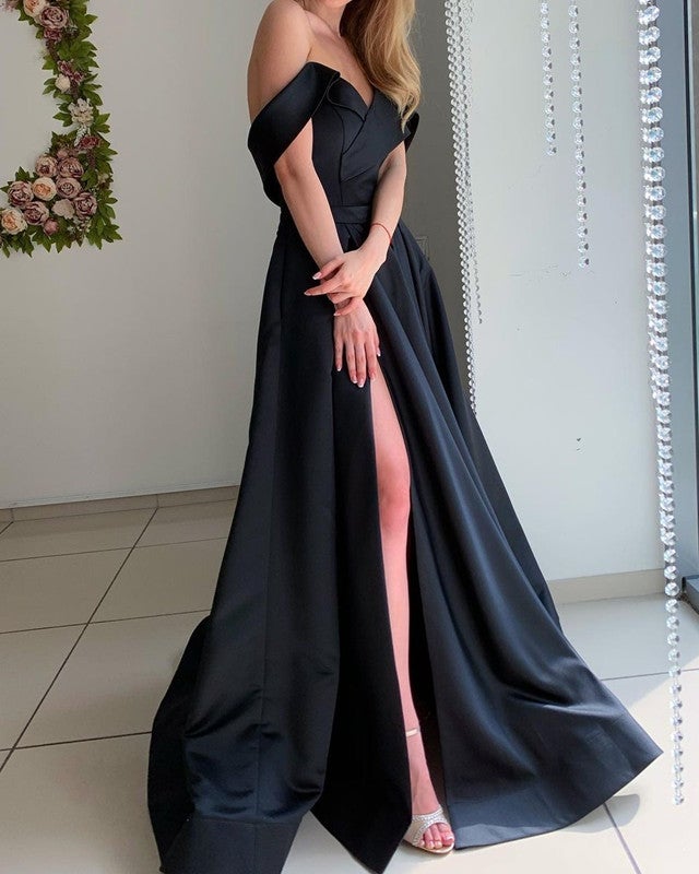 black satin off the shoulder bridesmaid dress Front Slit Dresses Wedding Dresses For Hire In Johannesburg Best Shoes To Wear Color:Azalea Multi day wear