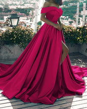 Load image into Gallery viewer, Sexy Front Split Off Shoulder Long Satin Prom Dresses