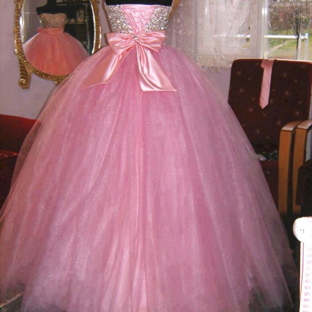 pink quince dress with bow Pink Ruffled Bow-Tie Vintage Princess Dress Jacquard Satin Lace Quince vigocouture
