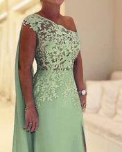 Load image into Gallery viewer, Sage Chiffon One Shoulder Lace Appliques Slit Dress