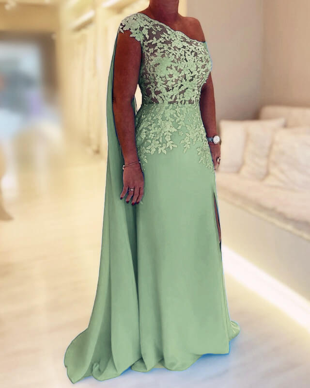slim fit dress slacks Light Green Chiffon One Shoulder Prom Dresses 2025 High Slit 3D Flower –  Viniodress