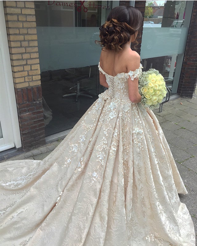 Glamorous Lace Flowers Beaded Off Shoulder Ball Gowns Wedding Dresses alinanova Glamorous Lace Flowers Beaded Off Shoulder Ball Gowns Wedding Dresses alinanova