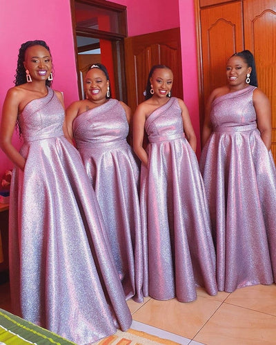Glitter Bridesmaid Dresses One Shoulder With Pockets