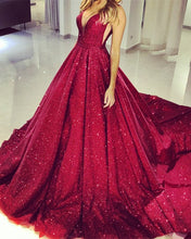 Load image into Gallery viewer, Glitter Prom Dress Plunge V-neck Ball Gown