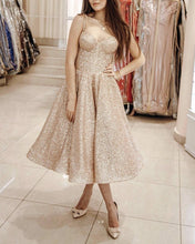 Load image into Gallery viewer, Glitter Prom Dresses Sweetheart Tea Length For Homecoming Party