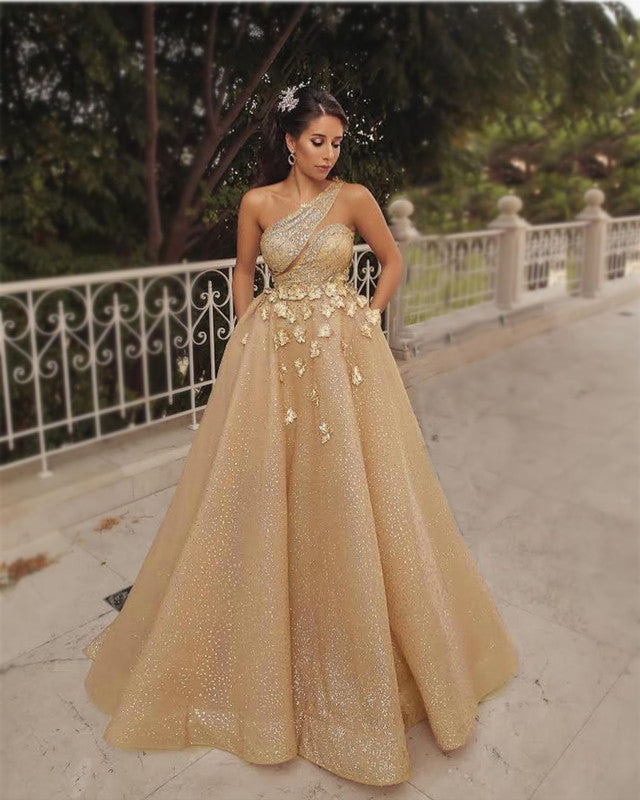 Sparkling Rose Gold One Shoulder Wedding Dress 3D Flowers With