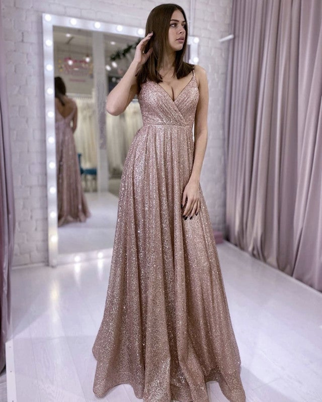 Glitter Prom Long Dresses Pleated V Neck Glitter Prom Long Dresses Pleated V Neck
