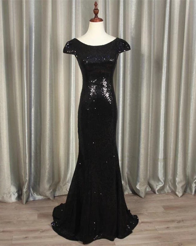 Mermaid Sequin Black Bridesmaid Dress Modest Sequins Mermaid Bridesmaid  Dresses Cap Sleeves – Alinanova