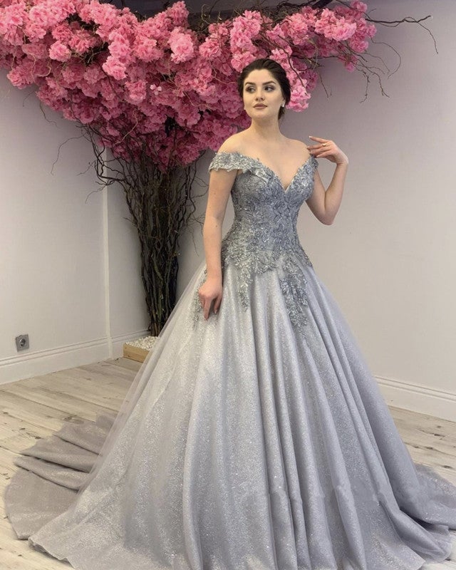 Glitter Tulle Prom Dresses Princess Ball Gown Off Shoulder Glitter Tulle Prom Dresses Princess Ball Gown Off Shoulder