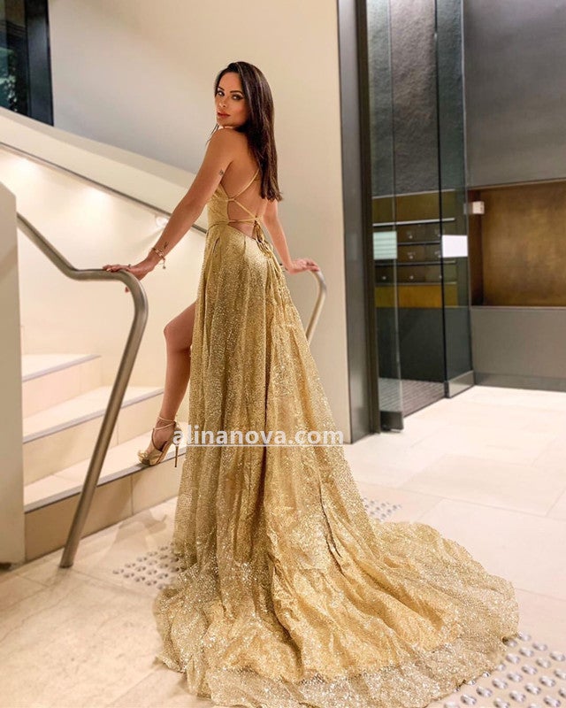 green emerald velvet dress Glitter Tulle Prom Dresses Split Lace Up Back