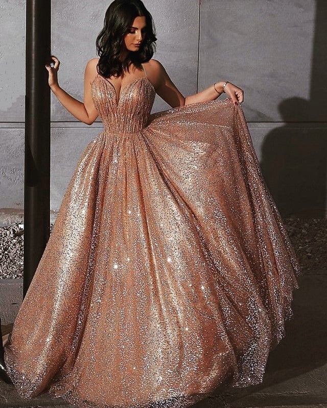 Glitter Tulle Prom Dresses V Neck Spaghetti Straps Glitter Tulle Prom Dresses V Neck Spaghetti Straps