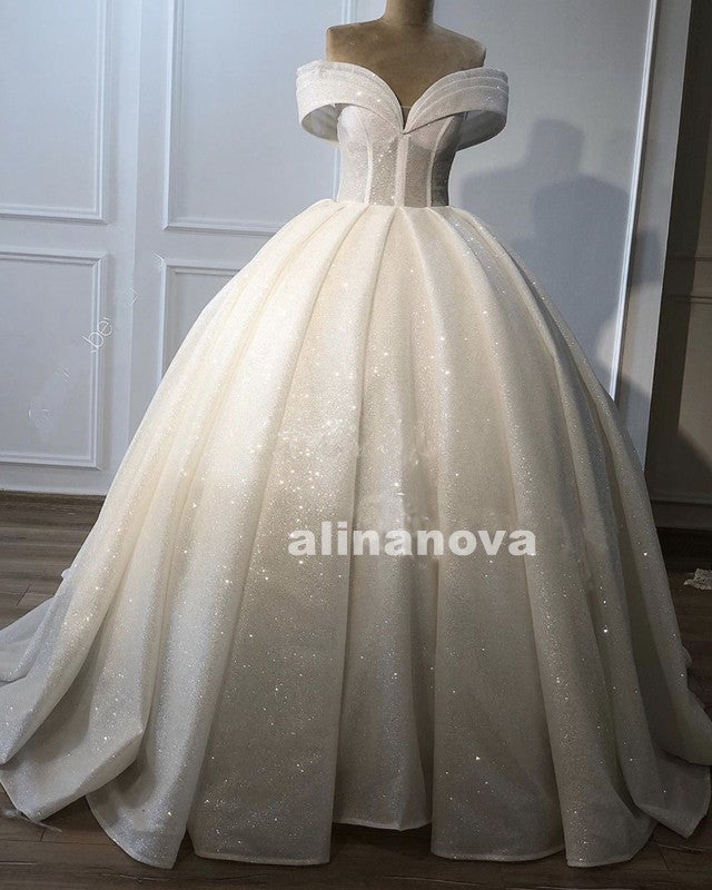 Glitter Tulle Wedding Dress Bling Ball Gown Off Shoulder – alinanova