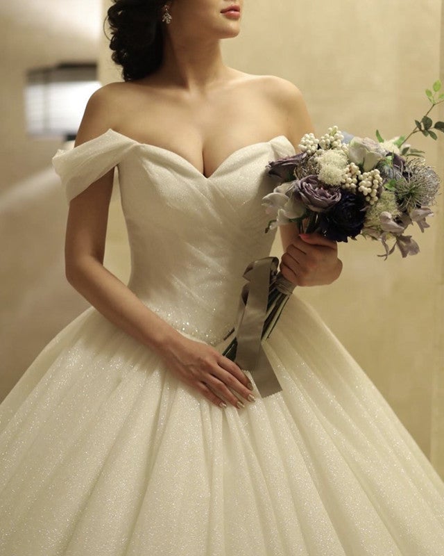 Glitter Tulle Wedding Dress Princess Ball Gown Off Shoulder