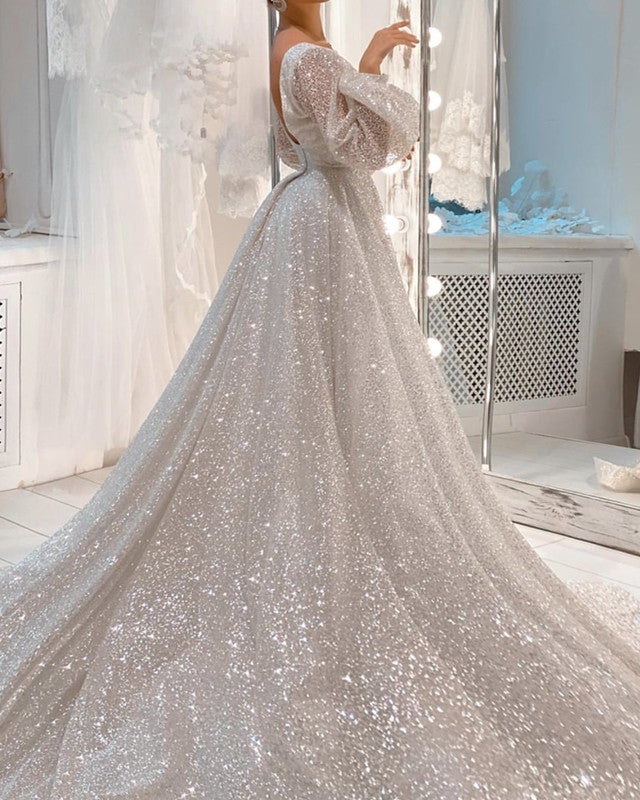 Long Sleeve Princess Wedding Dresses With Bling Glitter Tulle