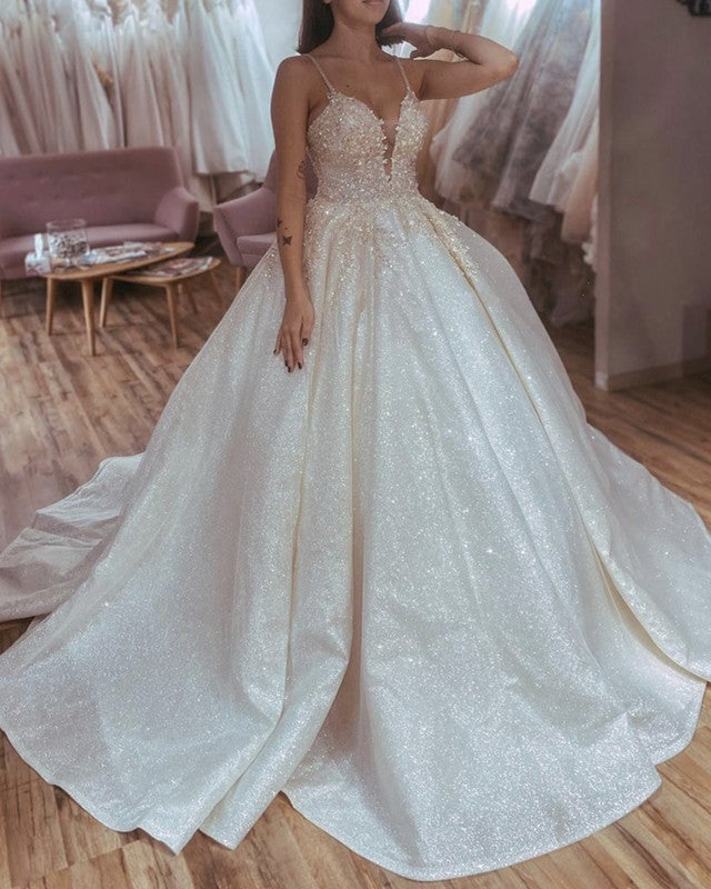 Glitter Wedding Dress Ball Gown V Neck Lace Embroidery Glitter Wedding Dress Ball Gown V Neck Lace Embroidery