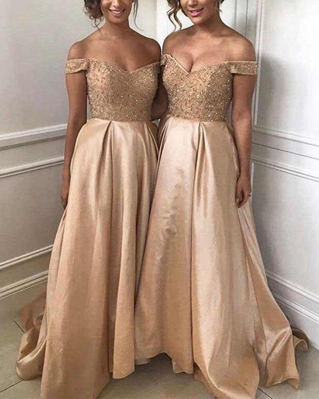 Gold Sequins Beads V Neck Long Satin Bridesmaid Dresses