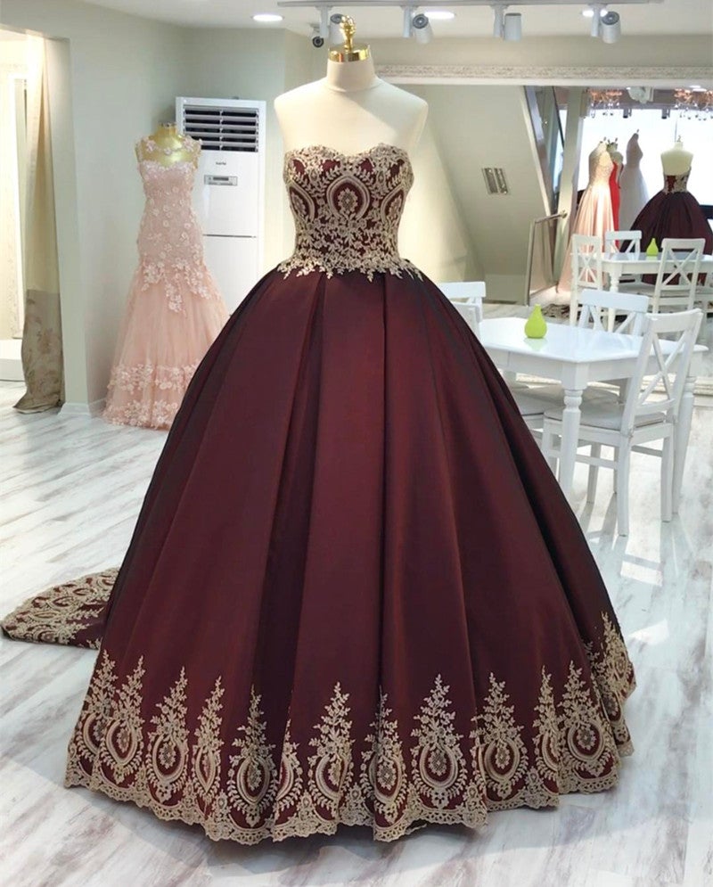 Gold Lace Edge Sweetheart Wine Red Ball Gowns Gold Lace Edge Sweetheart Wine Red Ball Gowns