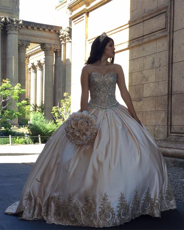 Gold Lace Embroidery Sweetheart Satin Ball Gowns Quinceanera Dresses Gold Lace Embroidery Sweetheart Satin Ball Gowns Quinceanera Dresses
