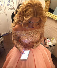 Load image into Gallery viewer, Gold Lace Long Sleeves Pink Satin Bow Back Wedding Dresses Ball Gowns