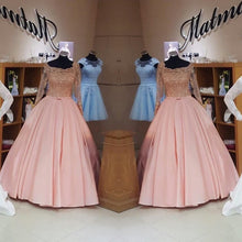 Load image into Gallery viewer, Gold Lace Long Sleeves Pink Satin Bow Back Wedding Dresses Ball Gowns