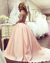 Load image into Gallery viewer, Gold Lace Long Sleeves Pink Satin Bow Back Wedding Dresses Ball Gowns