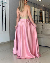 Load image into Gallery viewer, Gold Lace Satin Prom Dresses High Split V Neck